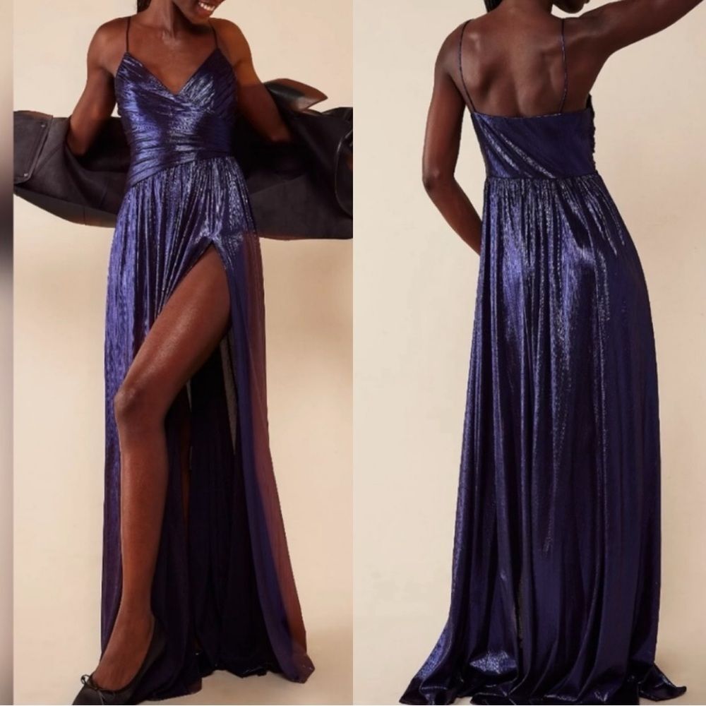 Nwt Free People Retrofete Doss Dress Midnight Sky Blue Metallic Slit Maxi Gown